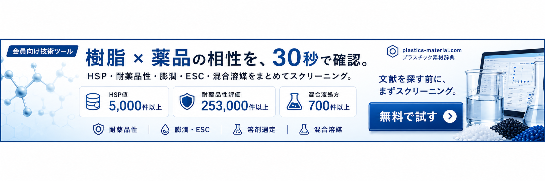 樹脂と薬品の相性を30秒でスクリーニング
