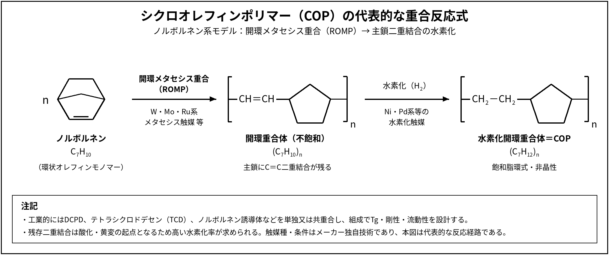 シクロオレフィンポリマー（COP）の代表的な重合反応式（ROMPと水素化）